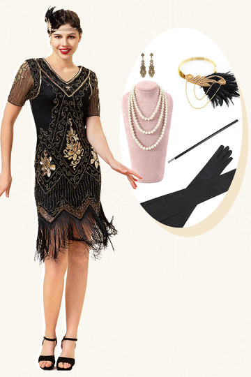 Preto Mangas Curtas Lantejoulas Fringes 1920s Vestido Com 20s Accessories Set